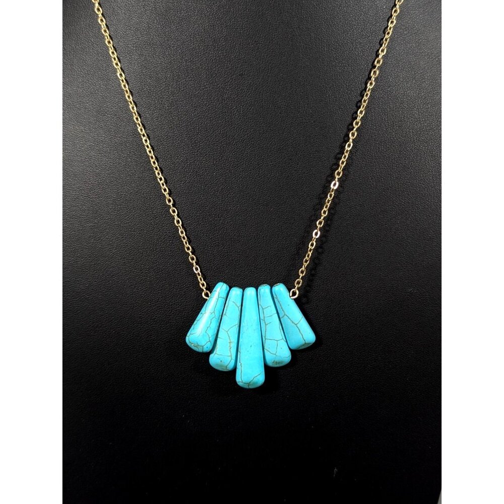 Plunder Faux Turquoise Stone Necklace Fan Boho Slide Charm Western 20 in